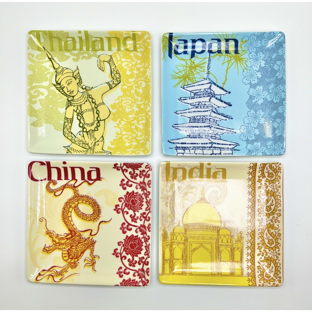 Set of 4 Pier 1 One Asia Earthenware Square Desert Plates 6x6"